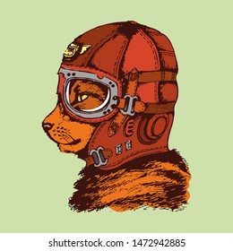 Red cat pilot in a special flight helmet. Sketch in diesel punk style. Vector illustration