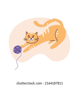 Red cat play with a ball of yarn. Flat vector illustration in trendy colors, isolated on a white background.