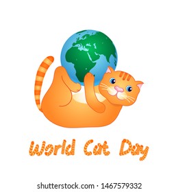 Red cat playing with the globe. Clip art for World Cat Day. Without background, isolated