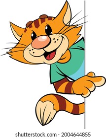 Red cat points with finger.
A vector illustration of a cartoon smiling striped red cat looks out and points with his finger.