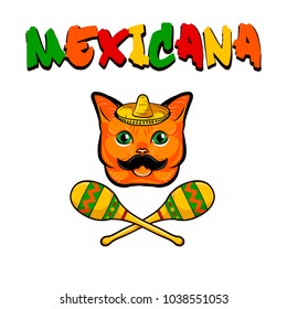 Red Cat Portrait with mustache with sombrero with maracas. Mexicana lettering. Vector Illustrated isolated white background.