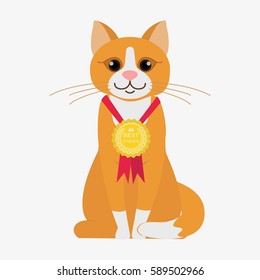 Red cat with prize. Cartoon character. Domestic animal. Flat vector stock illustration