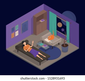 Red cat psychologist. Isometric reception room of a psychologist. The girl on the session with a cat psychologist.