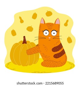 rote Katze mit Kürbis, HerbstVektorgrafik