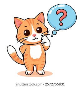 Red cat with question, thinks, stands, vector