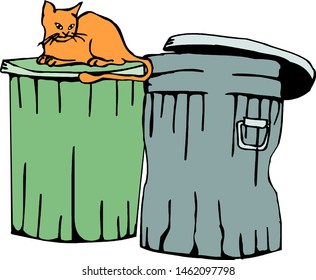 Red cat is resting on two tanks with garbage isolated on white background.