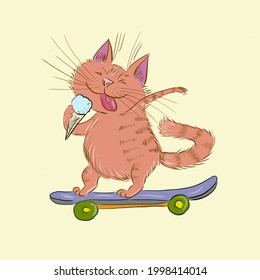 eine rote Katze fährt einen Skateboard und isst Eis auf gelbem Hintergrund