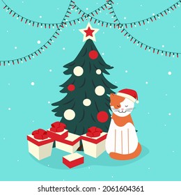 Red cat in a Santa hat under the Christmas tree. Vector illustration in flat style.