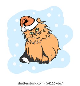 Red cat in the Santa hat. Vector Christmas illustration