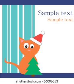 Red cat in  santa's hat with fur-tree on  background .
