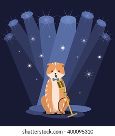 red cat singing into a microphone. cat in bow tie. striped cat