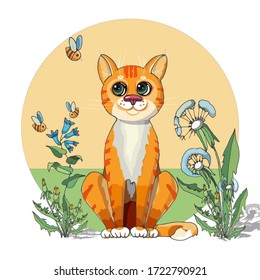 A red cat sits among wildflowers and looks at the bees. Pet. Cartoon character. Banner concept for web design. Vector graphic, EPS 10.