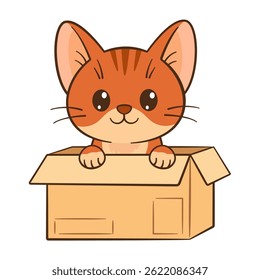 Red cat sits in a box. Cute ginger tabby kitten. Hand drawn Flat style, clean, simple. Perfect for children’s content, greeting cards, stickers, tshirts, mug and posters Vector illustration 