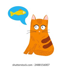 Red cat sits and dreams of goldfish, isolated vector illustration