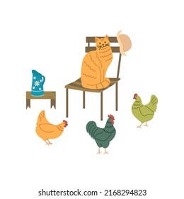 Red cat sits on a chair in the yard. Chickens are walking around. Jug on the bench. Hat hanging on a chair. Rural life, village friends. Colorful vector isolated illustration hand drawn