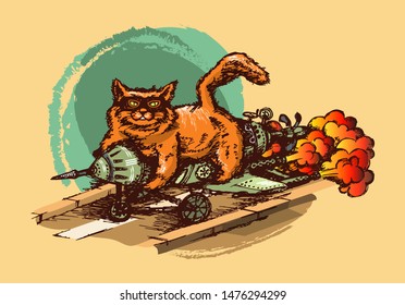 Red cat sits on a rocket accelerating along the runway. Sketch. Vector illustration