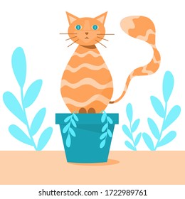 Rote Katze sitzt oben auf einem blauen Blumentopf. Blumenmotiv, süße Illustration.