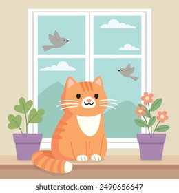 A red cat sits on a windowsill with flower pots. Colorful vector illustration in flat style