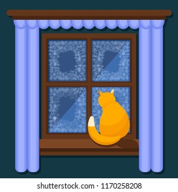 The Red Cat sits on a wooden window sill in front of the icy window. Vector illustration.