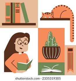 The red cat sits with its tail hanging down. Open book. Cactus in a striped pot. A stack of books on a shelf. Modular set of images in flat geometric style. The girl is reading a book with enthusiasm