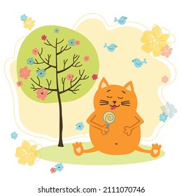 Rote Katze sitzt unter einem blühenden Baum und isst Süßigkeiten, Frühling mit Vögeln und Blumen, lustiger Charakter