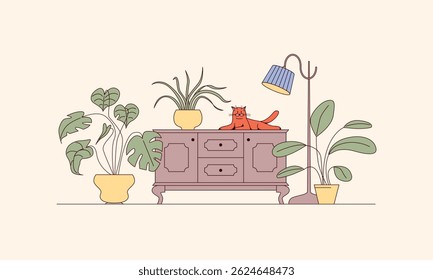 Red Cat Sitting on Dresser with Houseplants in Yellow Pots. Floor Lamp with Blue Shade. Green Leaves of Monstera and Rubber Plant. Cozy Room Scene. Flat Graphic Vector Illustration Isolated
