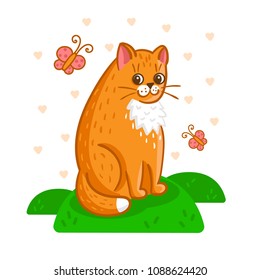 red cat sitting on the grass with butterflies and smiles. vector illustration