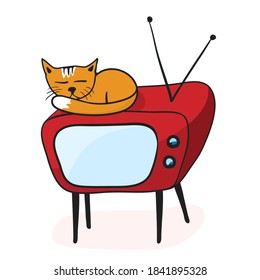 red cat sitting on an old retro TV - cartoon style illustration 