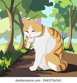 A red cat is sitting on a path in a park and washing its paw. The illustration is made mainly in warm colors. The picture conveys beauty, calmness and pleasure.