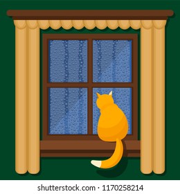 A red cat is sitting on the windowsill near the misted-up window. Vector illustration