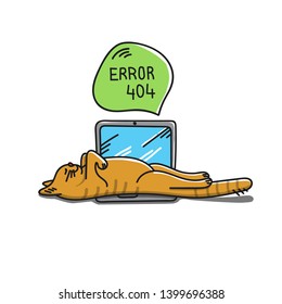 Red Cat Sleeping On The Laptop. Error 404 Page Not Found Conceptual Idea With Laying Cat. Drawing Cartoon Vector Illustration.