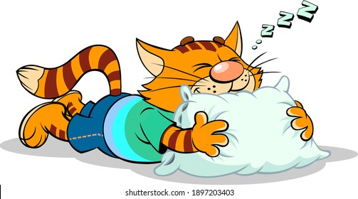 Gato rojo durmiendo.
Una ilustración vectorial de un gato rojo rayado durmiendo en la almohada azul.