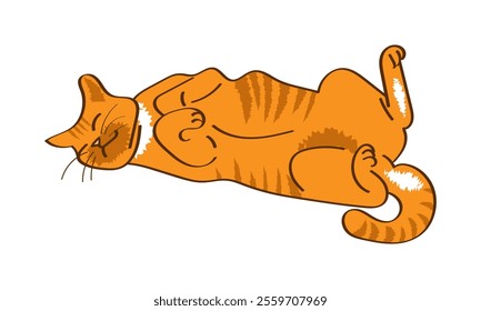 Red cat sleeps, lying belly up. Sketch, outline. Vector illustration