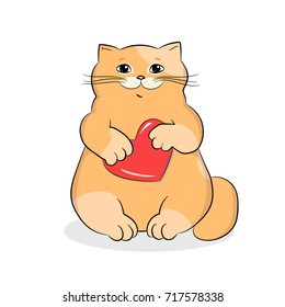 Red cat with a small heart in his hands. Valentines day card concept