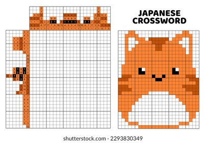 Red cat. Squishmallow. Japanese crossword puzzle. Nonogram. Cute cat. Logic educational puzzle game. Isolated vector illustration eps 10