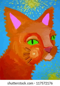 red cat with stairs, blue background,painting