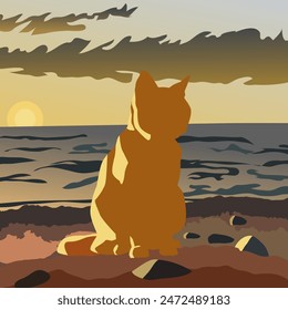 A red cat stands on the seashore against the sunrise. The illustration is made mainly in warm colours. The picture conveys calmness, relaxation and pleasure.