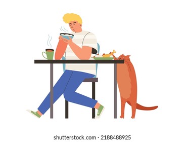 Red cat steals chicken from table, eating young blonde boy flat style, vector illustration isolated on white background. Typical cat's behavior, playful pet, male character