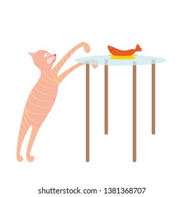 Red cat steals food (fish) from the table, cute vector illustration. 
