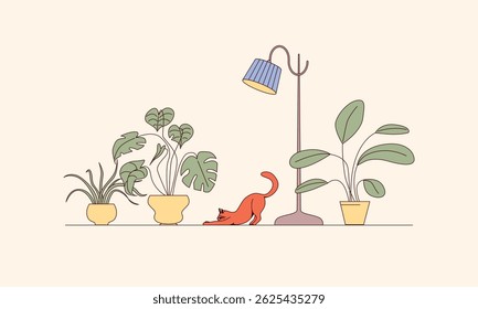 
Red Cat Stretching on Floor Among Houseplants in Yellow Pots. Monstera, Spider Plant and Rubber Plant. Blue Floor Lamp. Minimal Cozy Interior Scene. Flat Vector Illustration with Isolated Elements