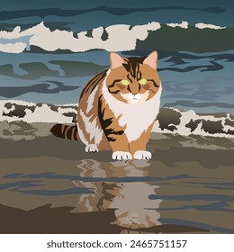 A red cat with stripes is sitting on the beach. The illustration is made mostly in cold colors. The picture conveys beauty, delight, calmness and pleasure.