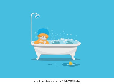 A red cat takes a bath filled with foam and bubbles, in a dark blue shower cap, a happy face, on a dark blue background, a yellow duck swims on the floor on the floor