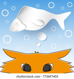 A red cat is thinking about a fish. Around there are air bubbles on blue background and bubble speech icon - vector illustration.