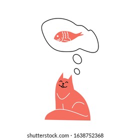 A red cat thinking about food, about fish. Cartoon Vector isolated scene.