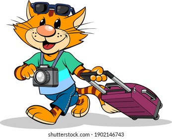 Red cat with travel suit case.
A vector illustration of a cartoon striped red cat traveling with suitcase.