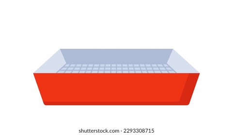 Bandeja de gato rojo de estilo plano. Accesorios de higiene para gatitos, inodoros aislados en fondo blanco. Ilustración del vector