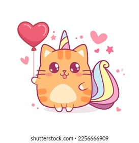 Red Cat Unicorn or Baby Caticorn kitten hold heart balloon vector hand drawn illustration for  greetin card design. Vector template