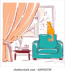 Red cat watching birds near the window.Interior room with modern armchair.Vector sketchy illustration