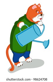 Red cat with a watering can