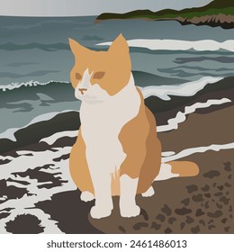 A red cat with a white belly is sitting on the seashore. Waves are rising on the sea. The illustration is made mainly in cold colors. The painting conveys harmony, peace, and pleasure. 